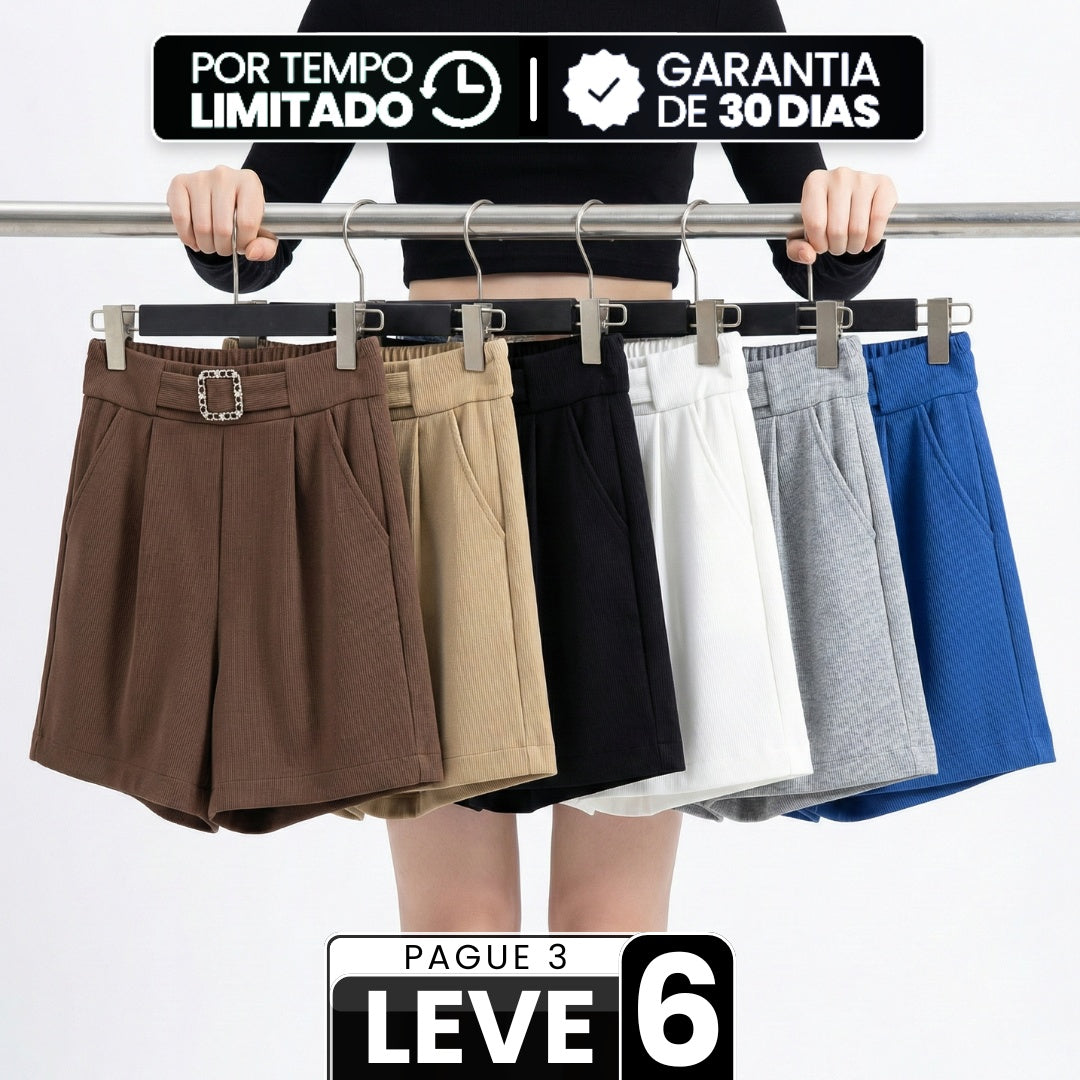 [Leve 6, Pague Só 3] Short Lunara Feminino em Crepe Seda Gelo, Rayon e Elastano de Cintura Alta com Fivela de Strass
