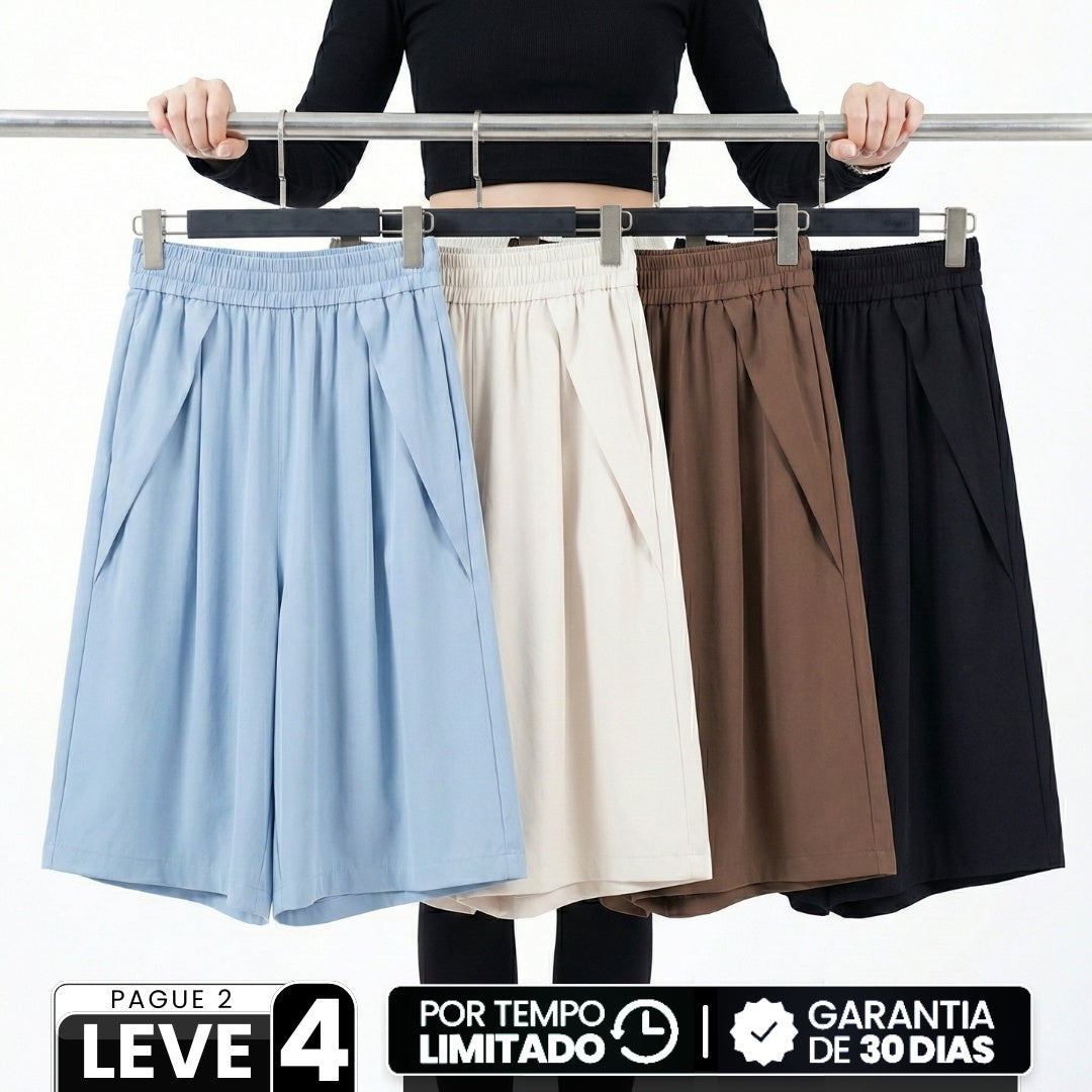 [Leve 4, Pague 2] Shorts Ayla Feminino em Poliéster e Elastano de Cintura Alta com Pregas Frontais e Cós Elástico