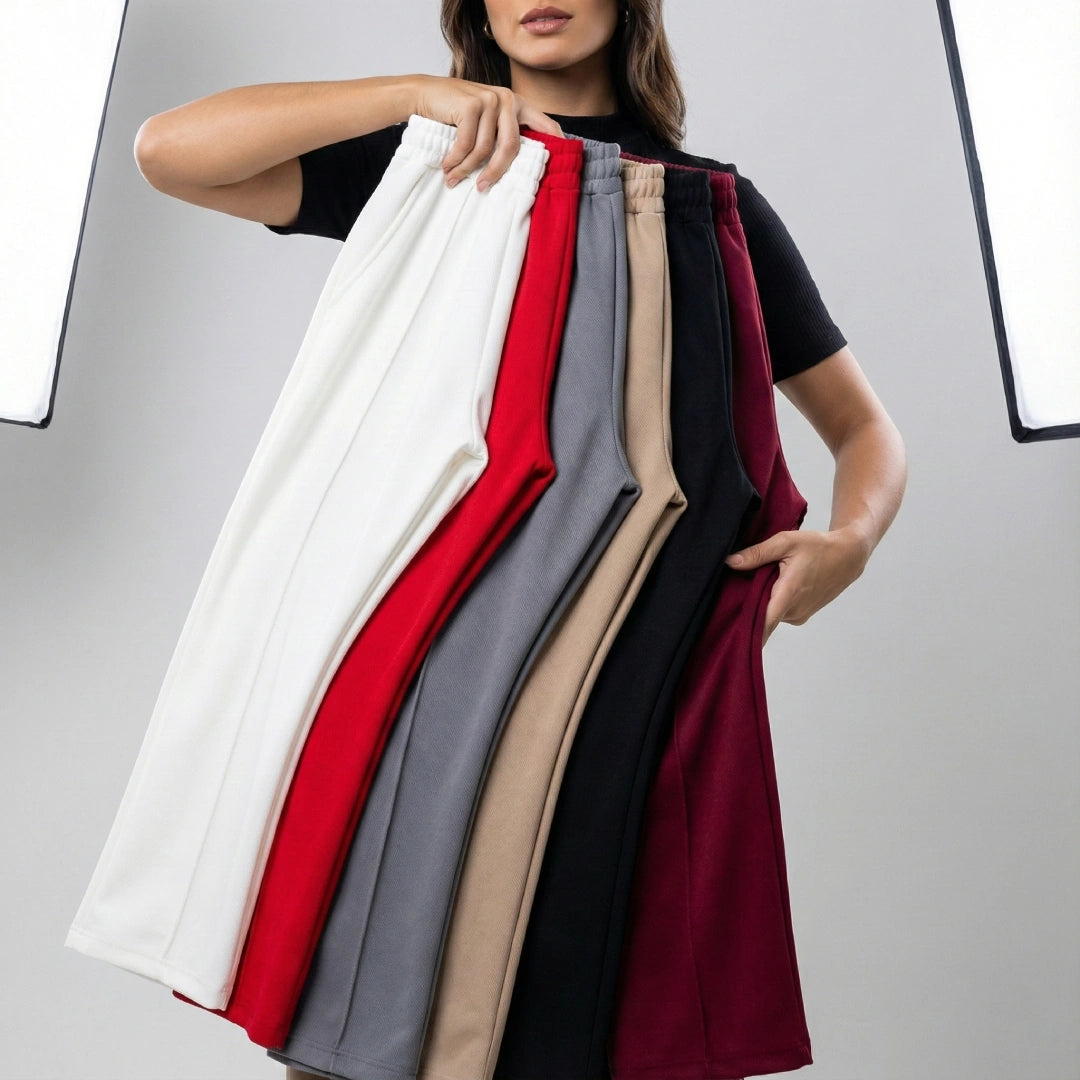 [Leve 6, Pague Só 3!] Calça Feminina Naira em Malha Piquet Texturizada e Viscose com Elastano de Toque Macio com Vinco Frontal Estruturado